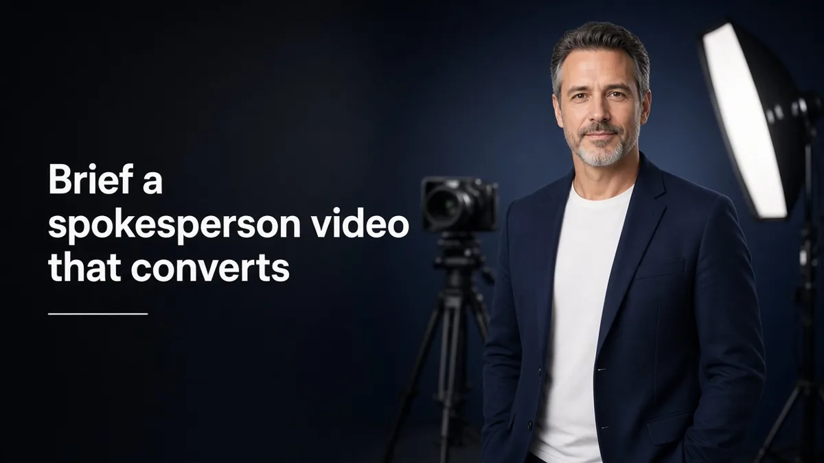 Professional spokesperson in a video studio with the headline Brief a spokesperson video that converts.