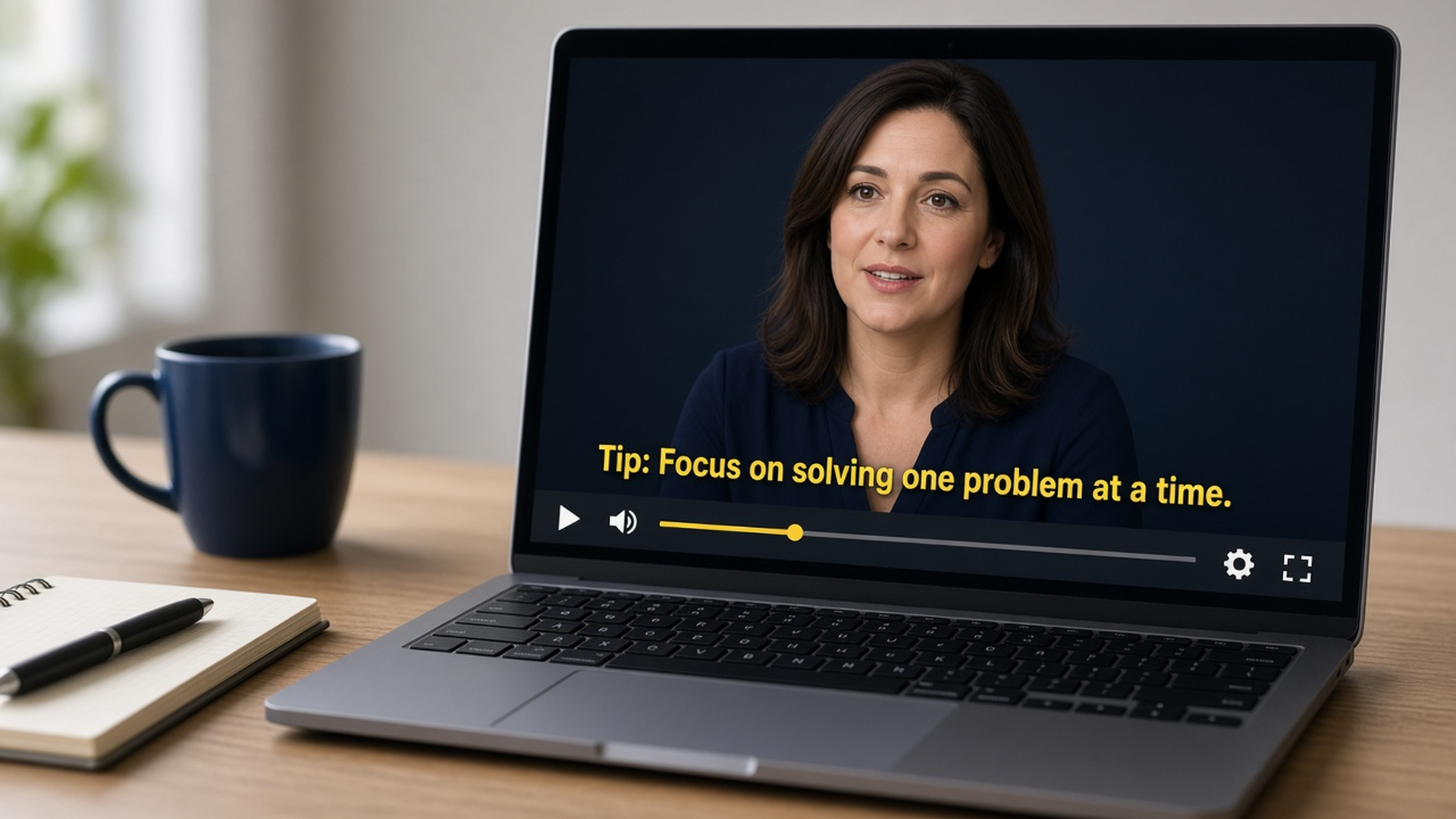 Photo of a laptop on a wooden desk playing a business talking-head video with yellow captions on screen, beside a coffee mug and notebook
