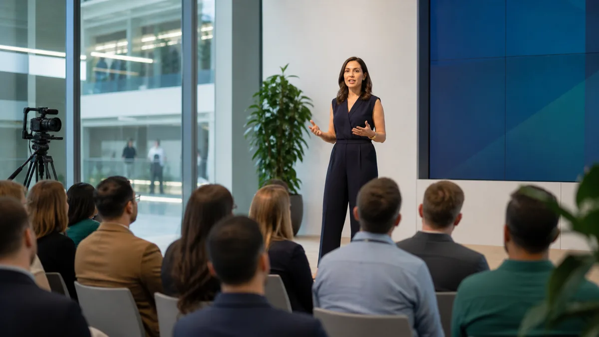 Photorealistic image of an internal communications presenter speaking to a professional team audience.