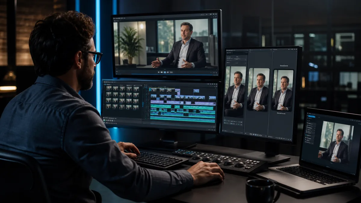 Photorealistic image of a video editor repurposing one interview into multiple screen formats.