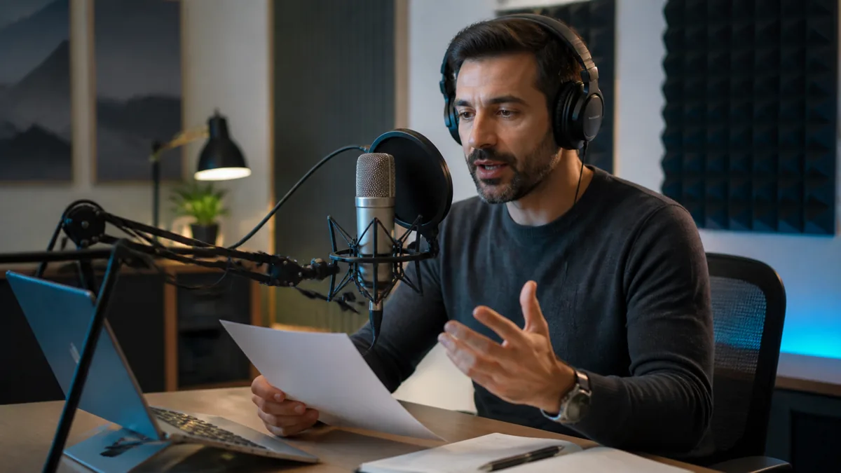 Photorealistic image of a presenter recording a voiceover in a modern studio setup.